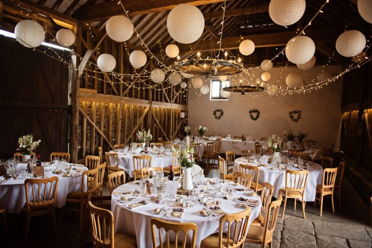 Wedding breakfast set up at Overbarn, Gloucester.