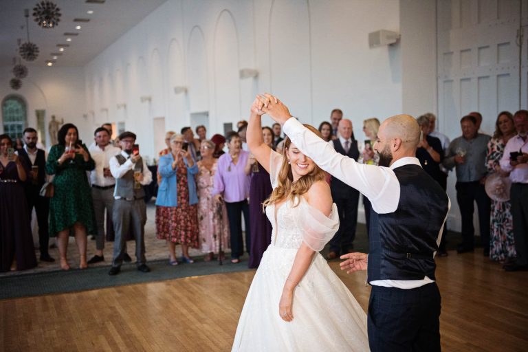 Photo of bride and groom doing their first dance at Margam Country Park.