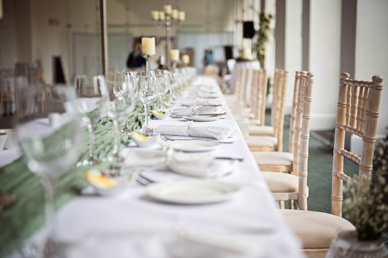 Elegant wedding breakfast details at Margam Country Park.