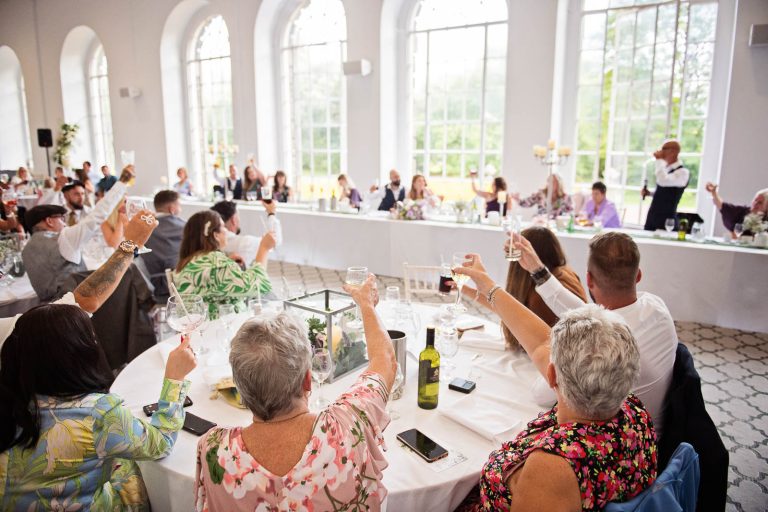 Natural colour wide view image taken during the wedding speeches at Margam Country Park.