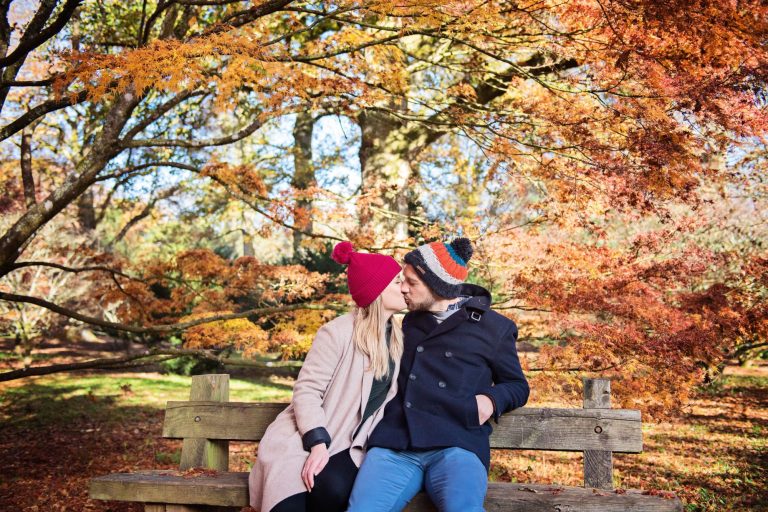 Colourful autumnal backdrop with couple kissing on a wooden bench at Westonbirt Arboretum for their engagement shoot.