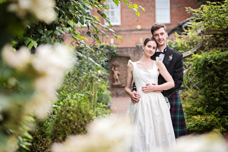 Elegant wedding portrait of Bride and Groom at a wedding at Hotel du Vin, Winchester. Photo by Blooming Photography.