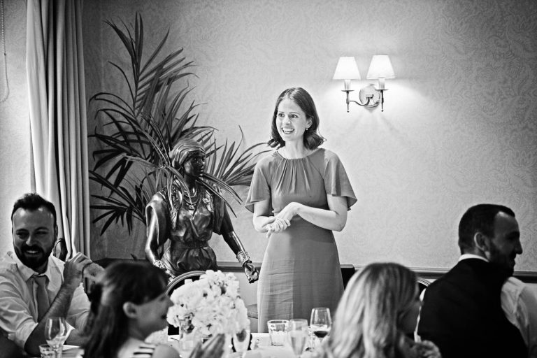 Sister of the bride Bride doing wedding speeches, black and white photograph taken at Hotel du Vin, Winchester by Blooming Photography