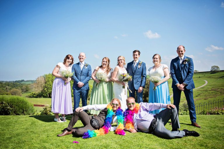 Fun bridal party and flowermen photos outdoor wedding at Kingscote Barn