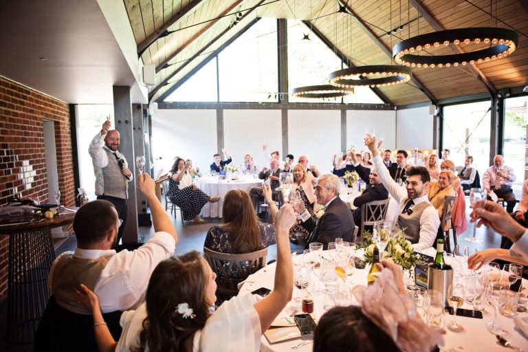 Wedding guests raising their glasses during the speeches at Syrencot.