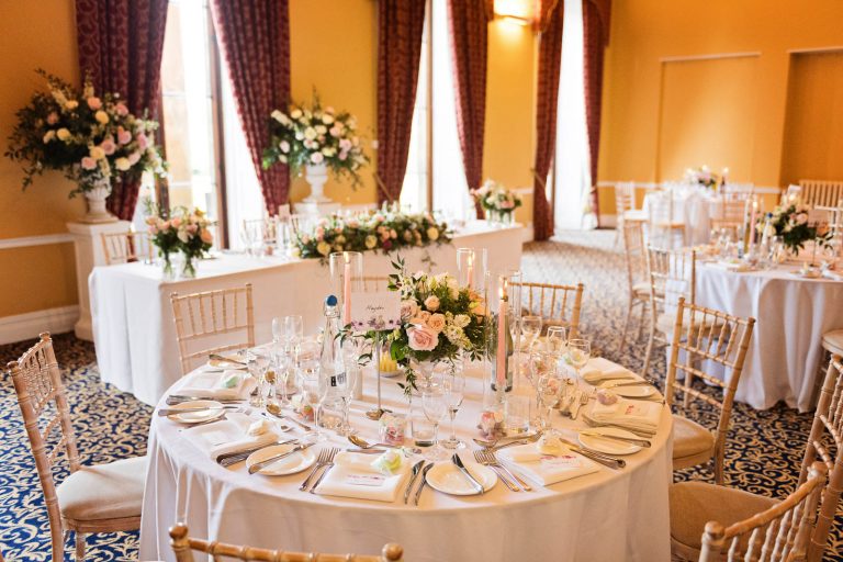 Leigh Court's library set up for a wedding breakfast. Candid photograph by Blooming Photography.