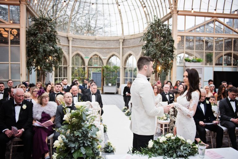 Bride and groom during their wedding ceremony at Tortworth Court.