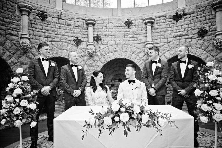 Bride and groom with their witnesses at Tortworth Court.