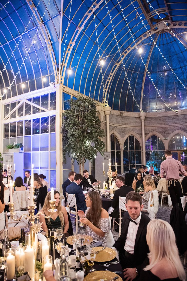 Wedding breakfast in full swing at the Tortworth Court Hotel during a winter wedding.