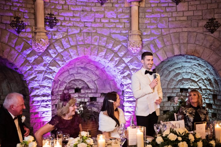 Groom delivering his speech to the bride and top table at Tortworth Court.