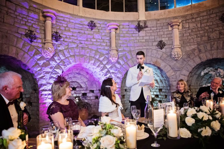 Groom delivering his speech to the bride and top table at Tortworth Court.