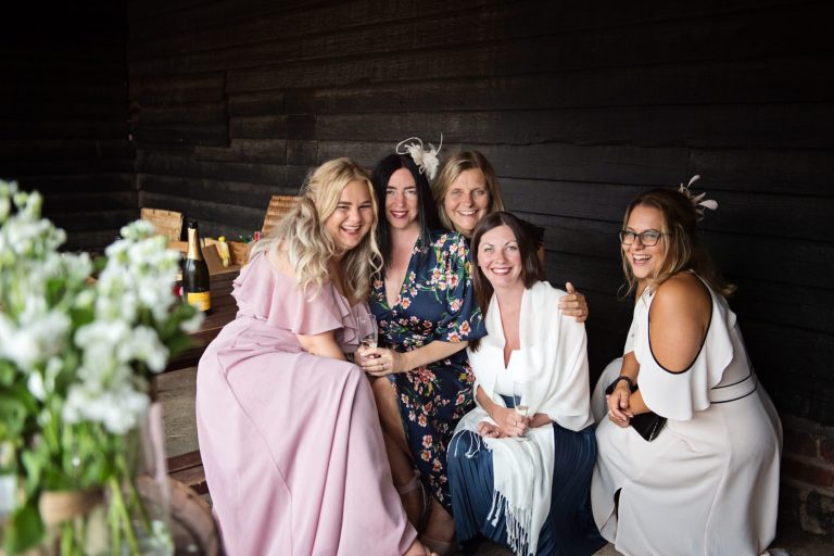 Fun group wedding photo of girls at Overbarn, Gloucester