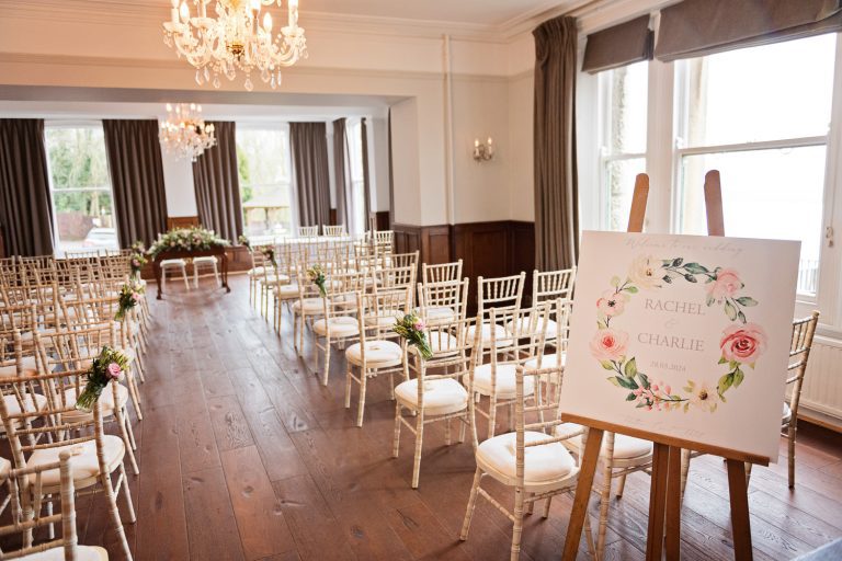 Wedding ceremony set up at Hatton Court Hotel.