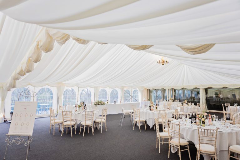 The wedding breakfast set up at Hatton Court Hotel.