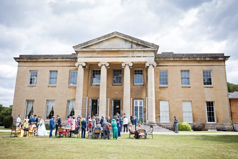 Overview on the back lawns at Leigh Court as a wedding reception is in full swing.