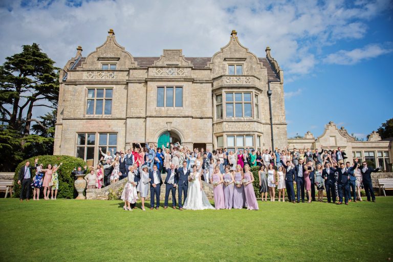 Wedding group photo of all wedding guests at Old Down Barn.
