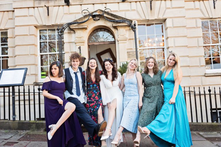 Fun photo of Bride and her friends outside the front of The Berkeley Square Hotel.