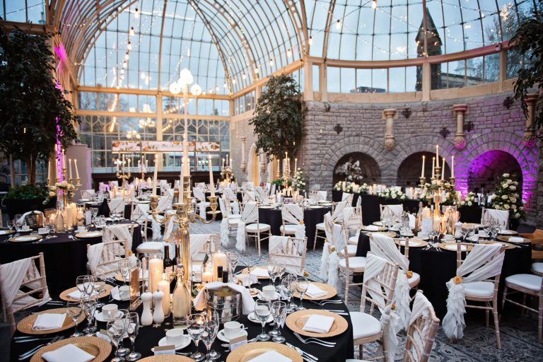 Wedding breakfast set up in the Orangery at Tortworth Court.