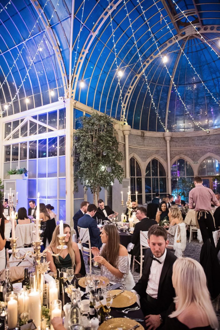 Atmospheric evening time shot of the Orangery at Tortworth Court. lit up.
