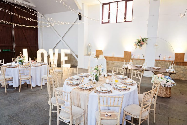 Wedding breakfast set up at Worton Hall.