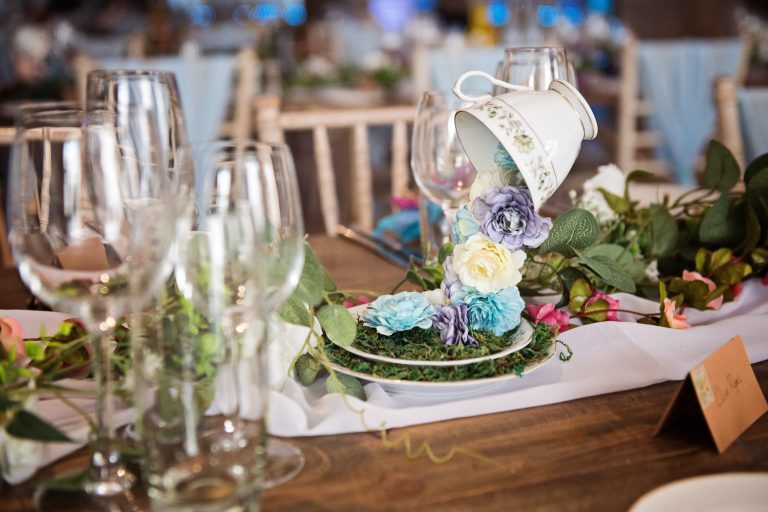 Wedding breakfast details including a cute Alice in Wonderland teacup.