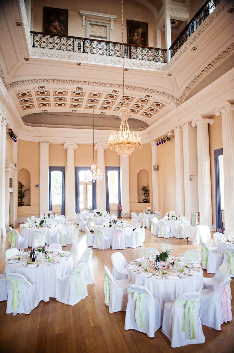 Wedding breakfast set up at the Pittville Pump Rooms.
