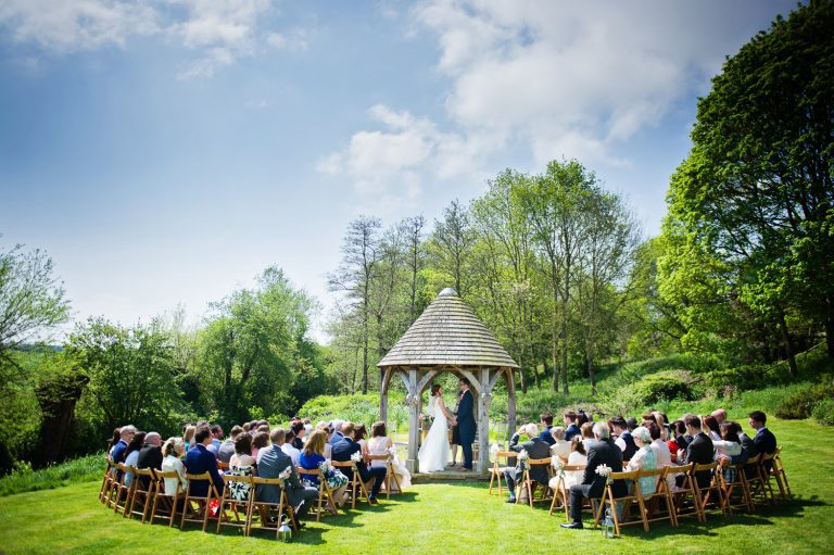 Outdoor wedding ceremony set up at Priston Mill