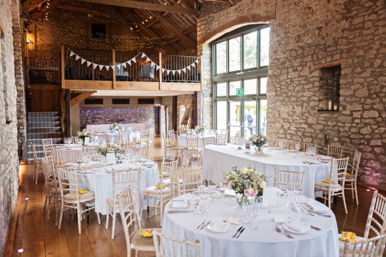 Wedding table breakfast set up at Priston Mill..