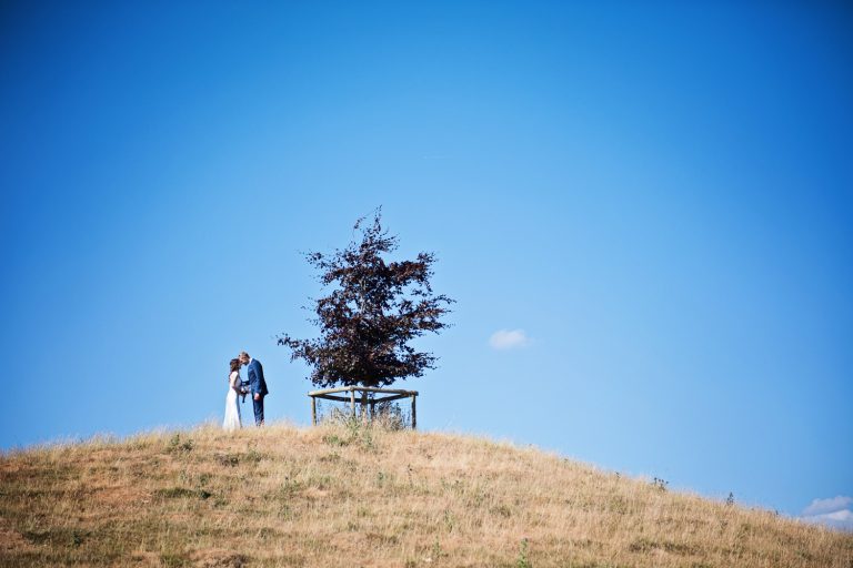 One tree hill at Kingscote Barn with bride and groom.