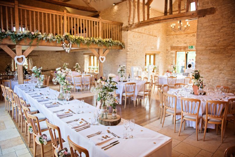 Wedding breakfast set up at Kingscote Barn.