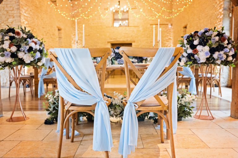 Wedding chairs at Kingscote Barn.