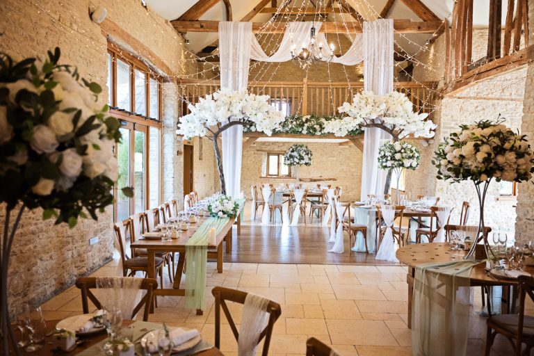 Wedding breakfast set up at Kingscote Barn.