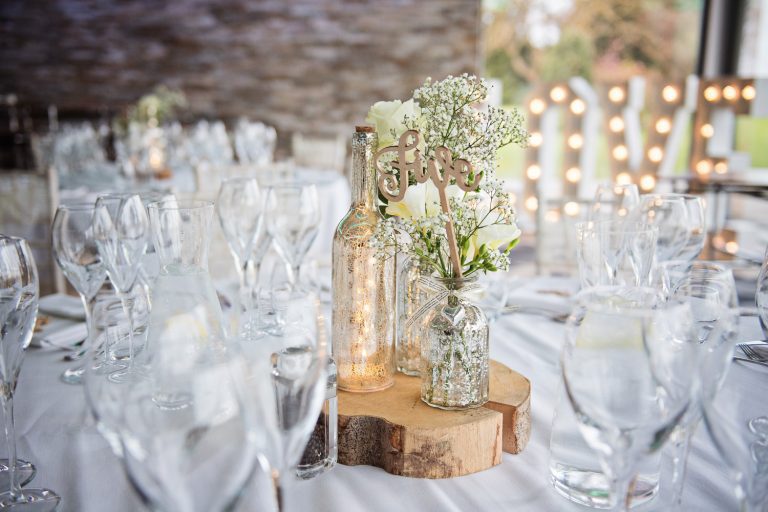 Wedding breakfast table details at the Cotswold Suite at Tewkesbury Park