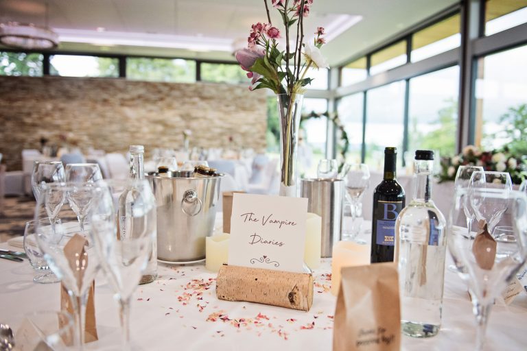 Wedding breakfast details at the Cotswold Suite at Tewkesbury Park