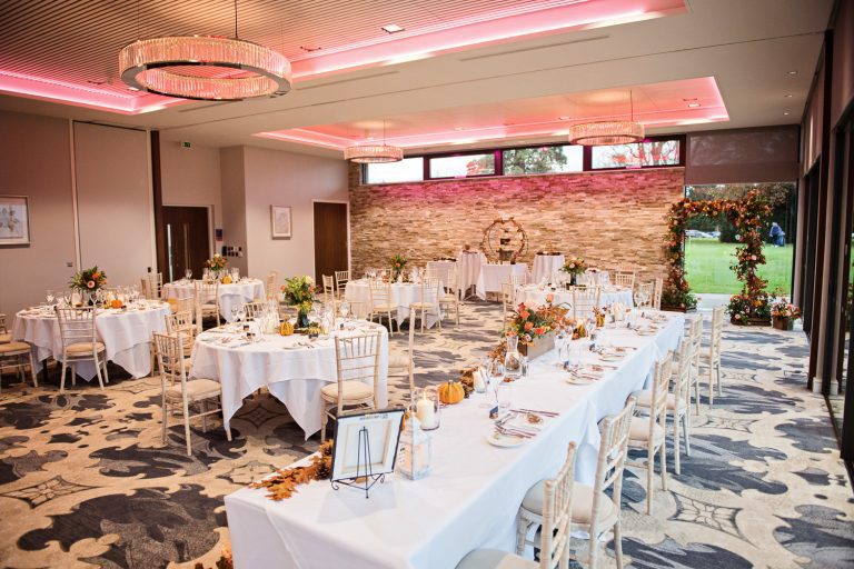 Wedding breakfast set up at Tewkesbury Park.