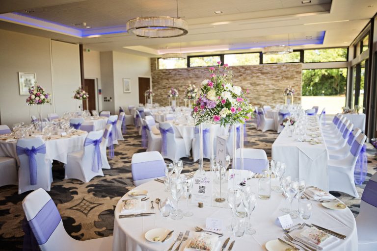 Wedding breakfast set up at Tewkesbury Park.